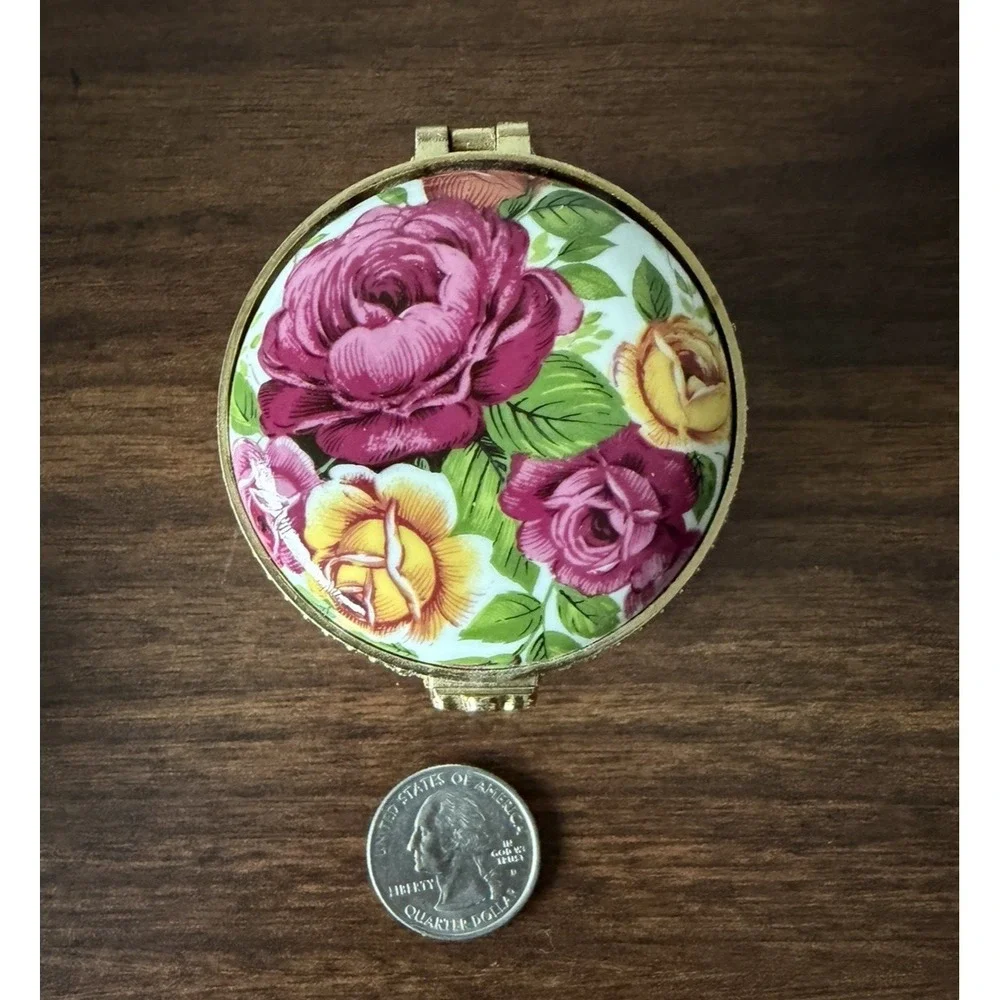 Floral Motif Gold Hinged Trinket Box Fenton Bone China Peony‎ Rose Country Decor